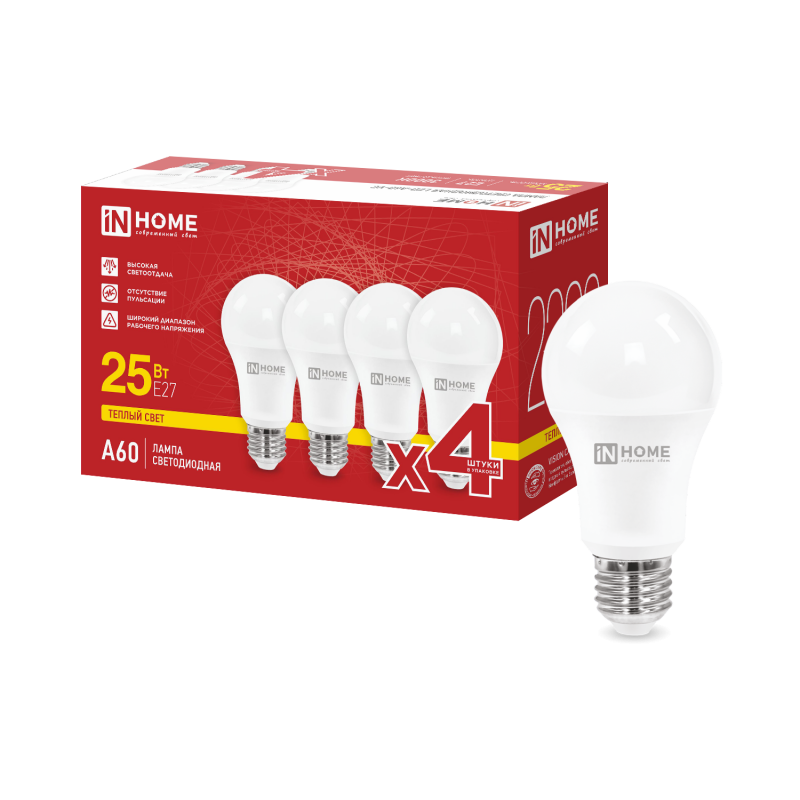 картинка Лампа светодиодная LED-A60-VC 4PACK 25Вт 230В Е27 3000К 2380Лм (4шт./упак) IN HOME