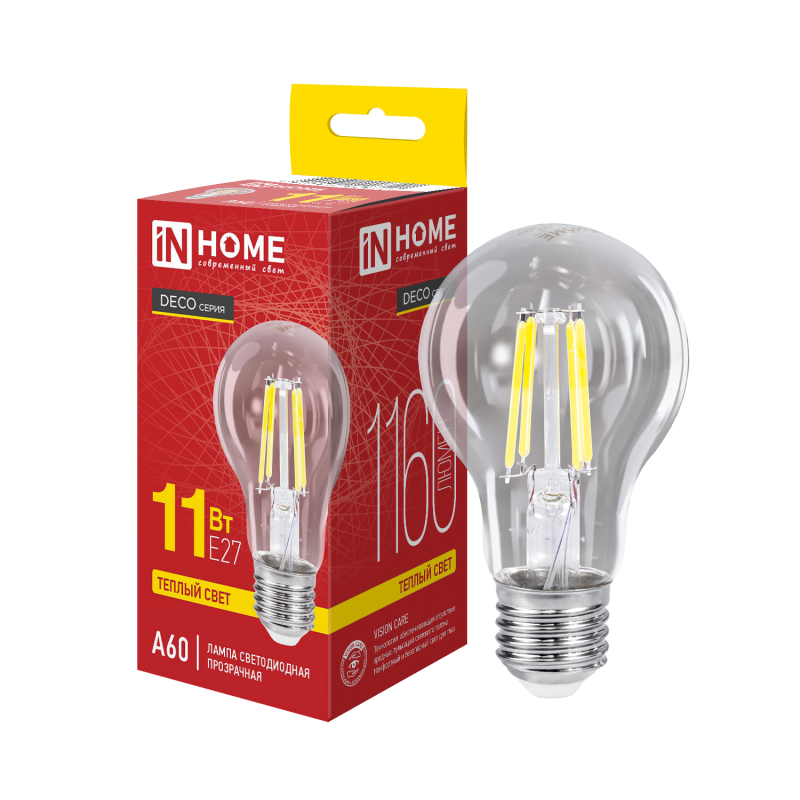 картинка Лампа светодиодная LED-A60-deco 11Вт 230В Е27 3000К 1160Лм прозрачная IN HOME