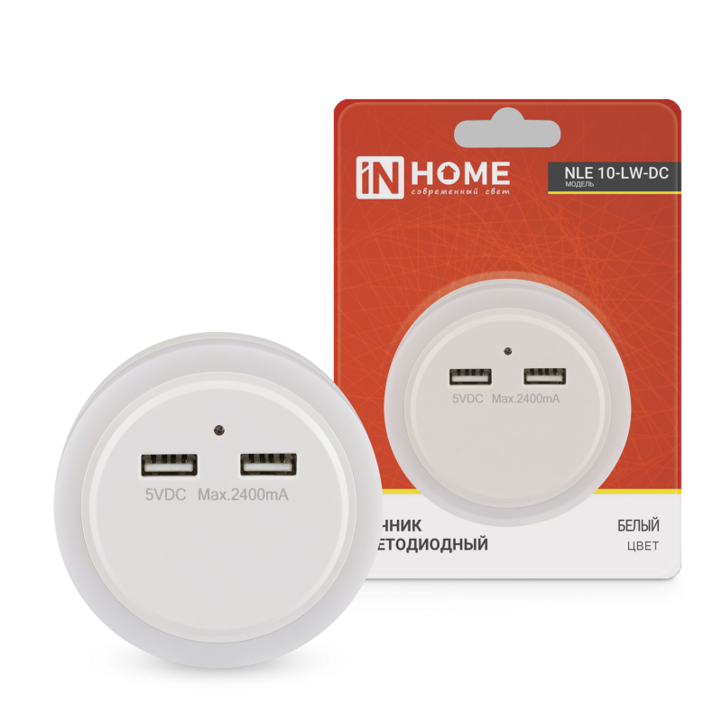 картинка Ночник светодиодный NLE 10-LW-DC белый 2хUSB разъема с датчиком освещения 230В IN HOME