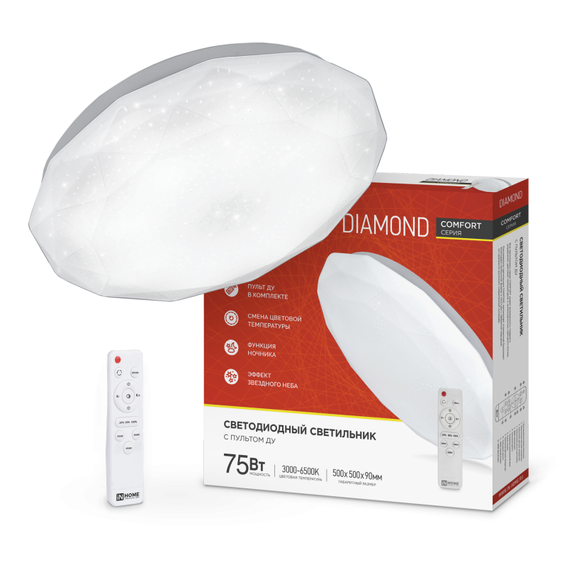 картинка Светильник светодиодный COMFORT DIAMOND 75Вт 230В 3000-6500K 6000Лм 500x105мм с пультом ДУ IN HOME