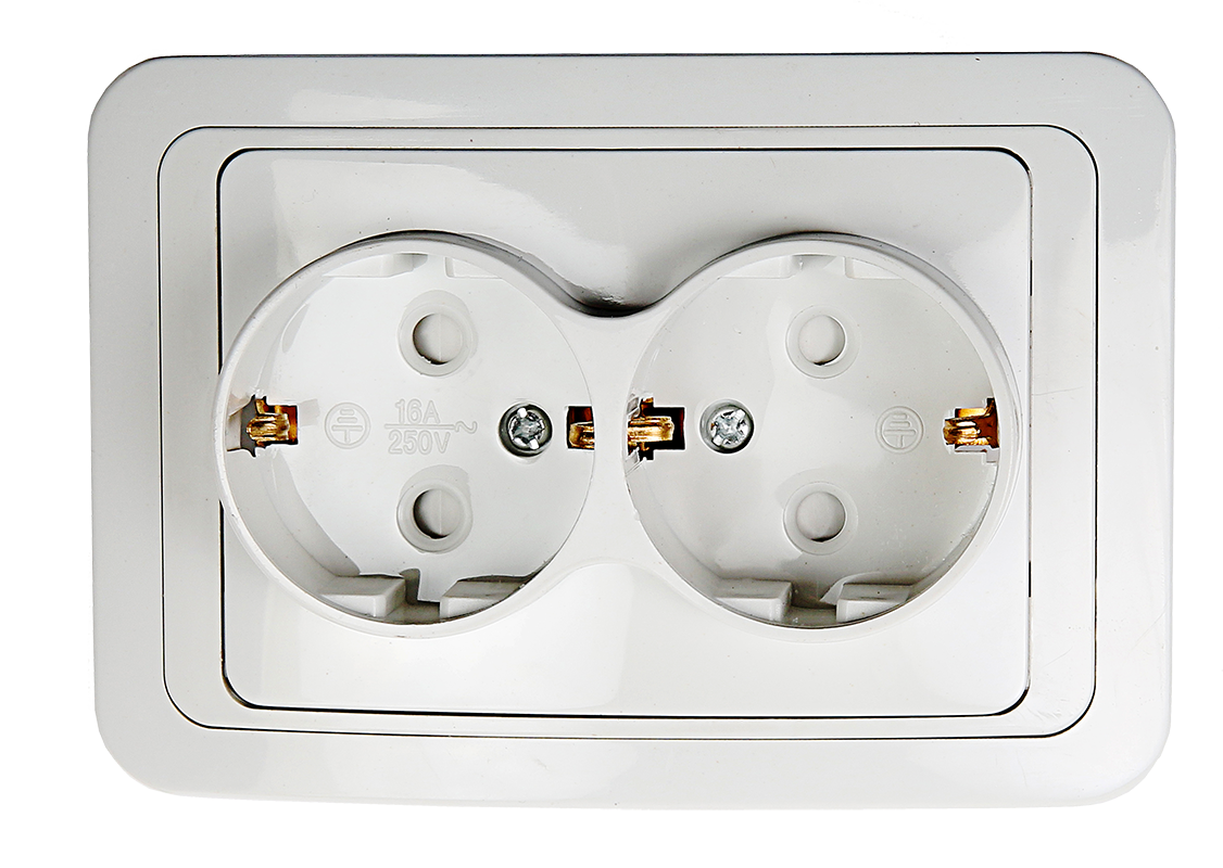 картинка Розетка двойная с заземлением со шторкой CLASSICO белая 2128x IN HOME