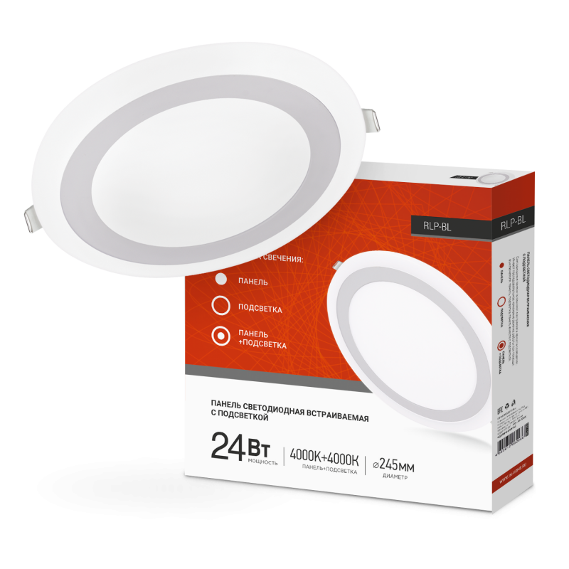 картинка Панель светодиодная встраиваемая круглая RLP-BL 24Вт 230В 4000К 1440Лм 245мм с подсветкой белая IP20 IN HOME