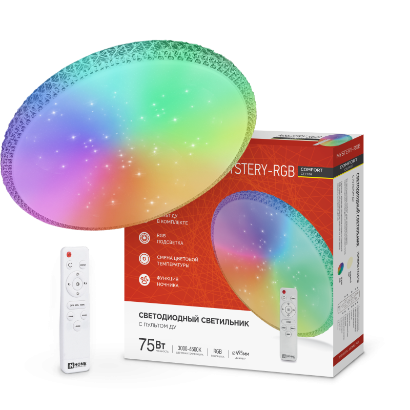 картинка Светильник светодиодный COMFORT MYSTERY-RGB 75Вт 230В 3000-6500K 6000Лм 500x80мм с пультом ДУ IN HOME
