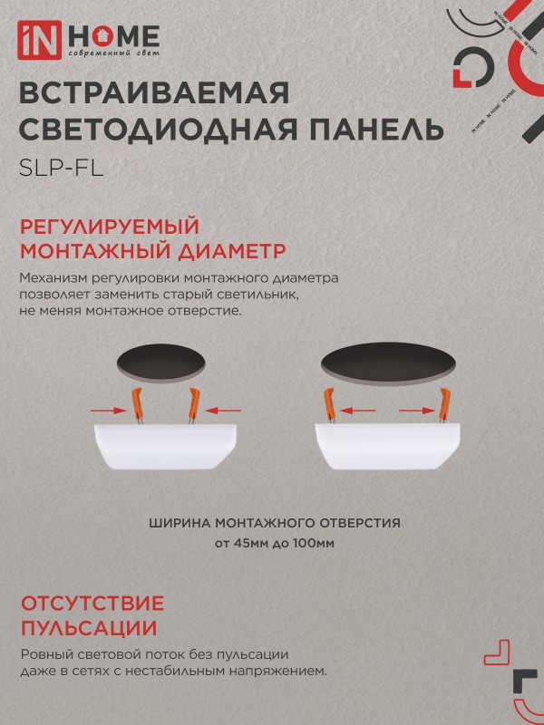 картинка Панель светодиодная встраиваемая безрамочная SLP-FL 18Вт 230В 4000К 1620Лм 121мм с регулируемым монтажом 45-100мм белая IP20 IN HOME