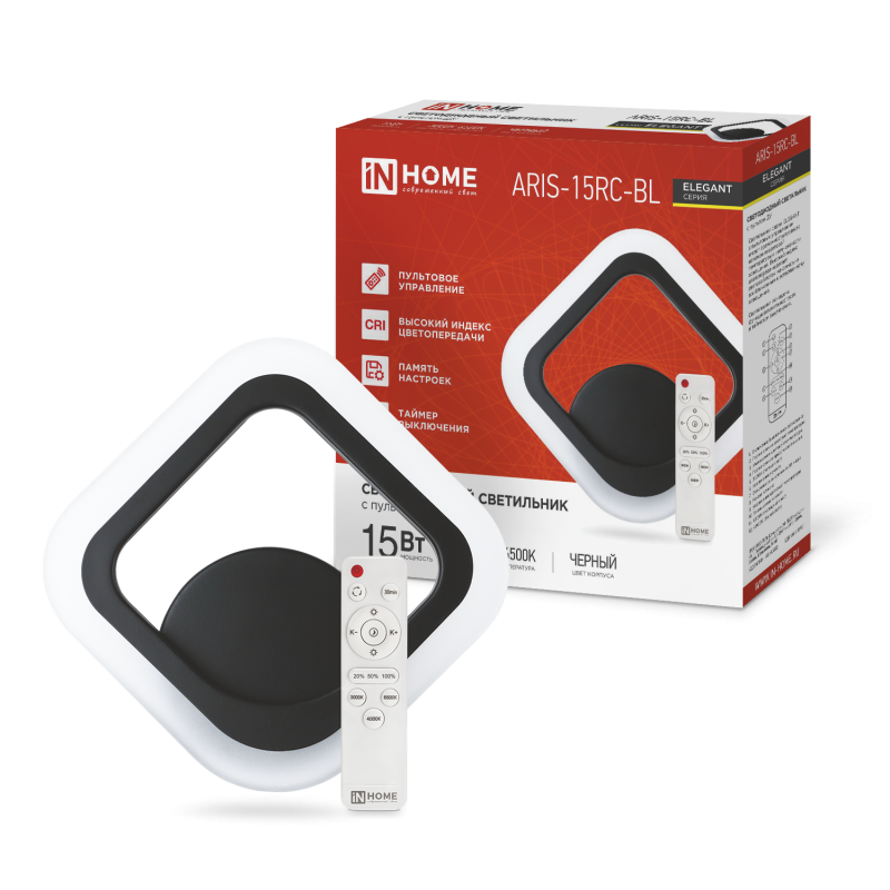 картинка Светильник светодиодный ELEGANT ARIS-15RC-BL 15Вт 230В 3000-6500К 1200Лм пульт ДУ черный IN HOME