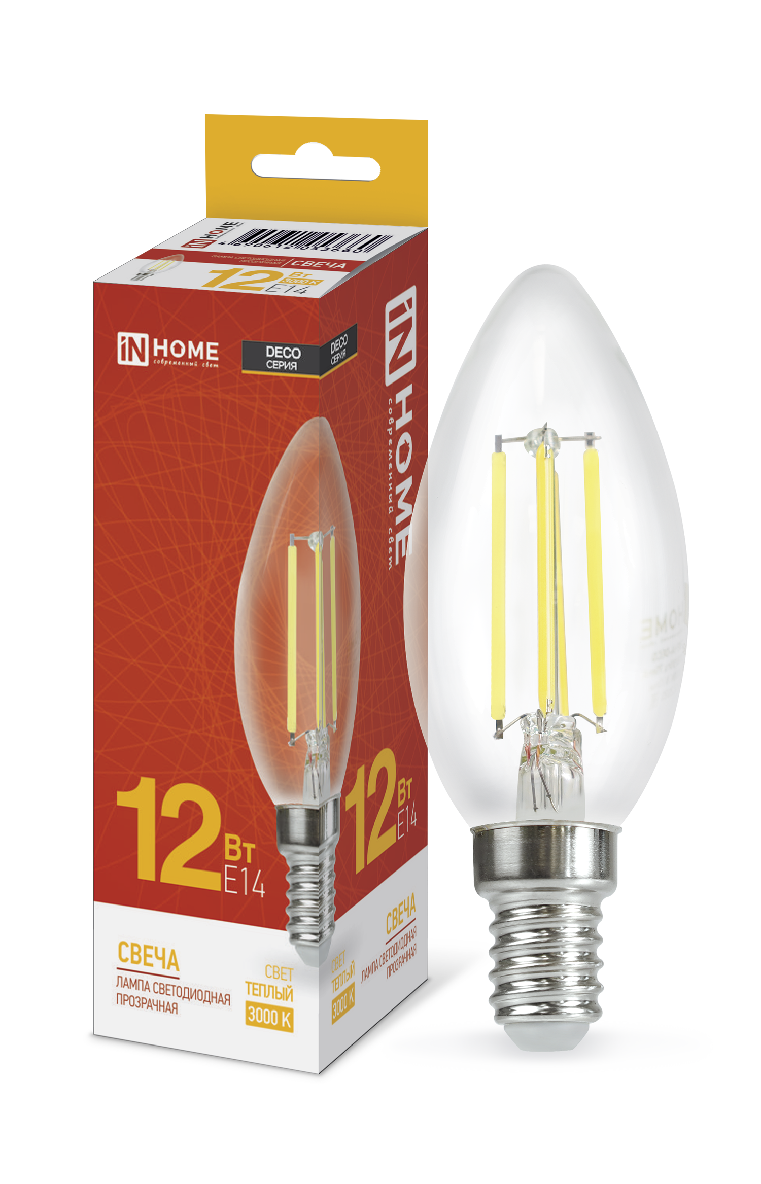 картинка Лампа светодиодная LED-СВЕЧА-deco 12Вт 230В Е14 3000К 1350Лм прозрачная IN HOME