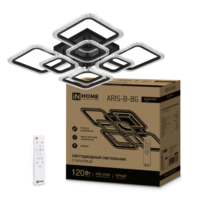 картинка Светильник светодиодный ELEGANT ARIS-B-BG 120Вт 230В 3000-6500K 8400Лм 585х585х115мм пульт ДУ черный IN HOME