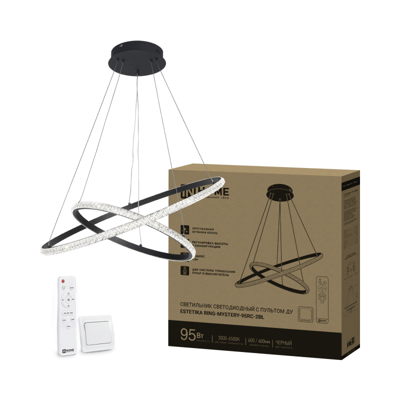 картинка Светильник светодиодный ESTETIKA RING-MYSTERY-95RC-2BL 95Вт 3000-6500K 600/400 1.2м трос пульт ДУ черный IN HOME