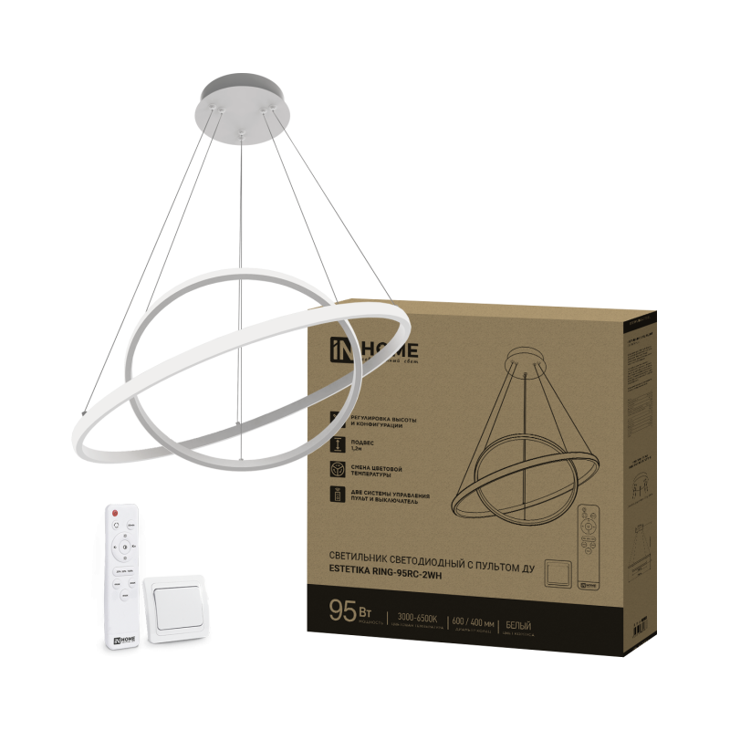 картинка Светильник светодиодный ESTETIKA RING-95RC-2WH 95Вт 230В 3000-6500K 600/400 1.2м трос пульт ДУ белый IN HOME