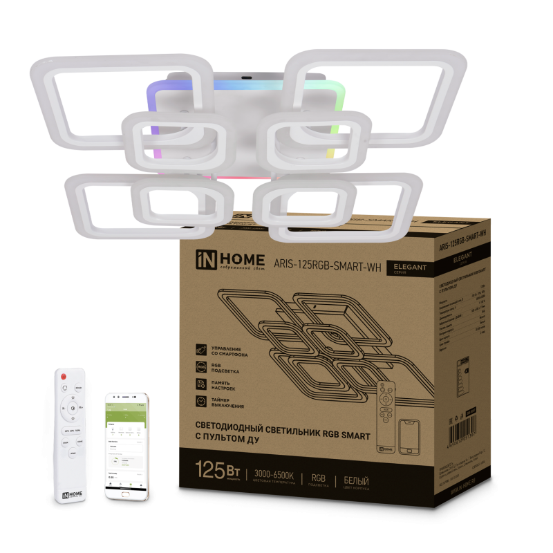 картинка Светильник светодиодный ELEGANT ARIS-125RGB-SMART-WH 125Вт 230В 3000-6500K 8800Лм 585х585х115мм пульт ДУ белый IN HOME