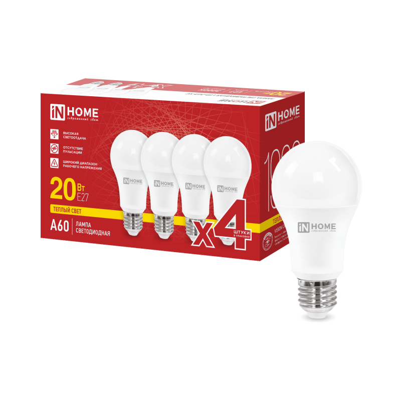 картинка Лампа светодиодная LED-A60-VC 4PACK 20Вт 230В Е27 3000К 1900Лм (4шт./упак) IN HOME
