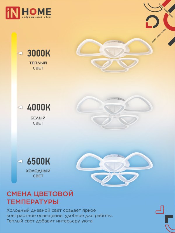 картинка Светильник светодиодный ELEGANT SANSA-W 90Вт 230В 3000-6500K 650х650х130мм c пультом ДУ белый IN HOME