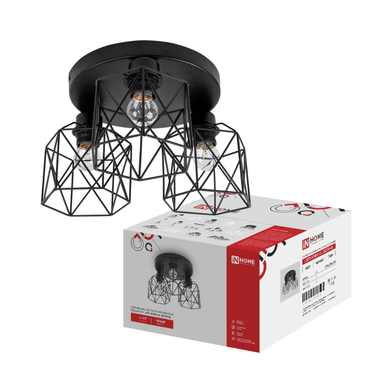 картинка Светильник настенно-потолочный под лампу LOFT ATIKO-СL-3E27R-BL 3хЕ27 черный IN HOME