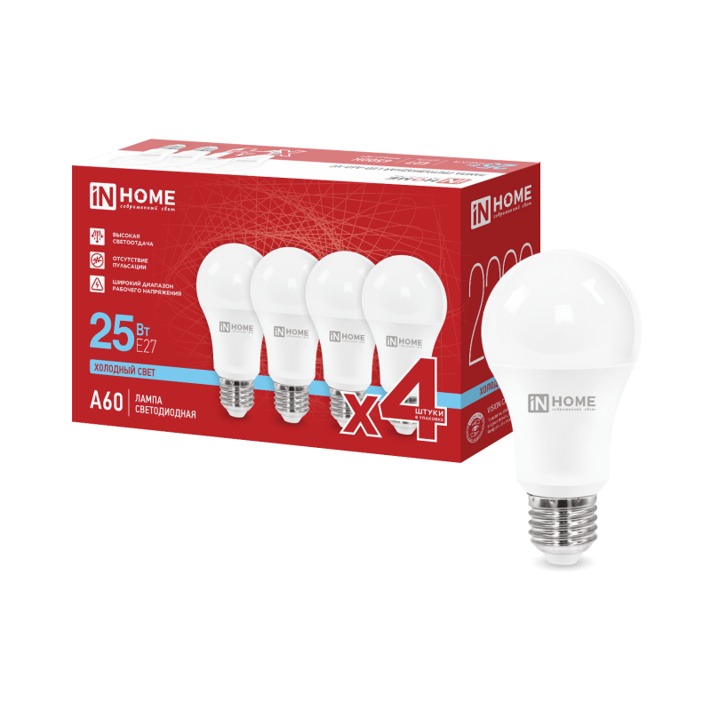 картинка Лампа светодиодная LED-A60-VC 4PACK 25Вт 230В Е27 6500К 2380Лм (4шт./упак) IN HOME