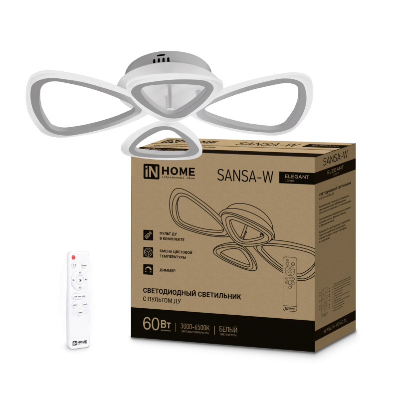 картинка Светильник светодиодный ELEGANT SANSA-W 60Вт 230В 3000-6500K 4700Лм 600х400х75мм c пультом ДУ белый IN HOME