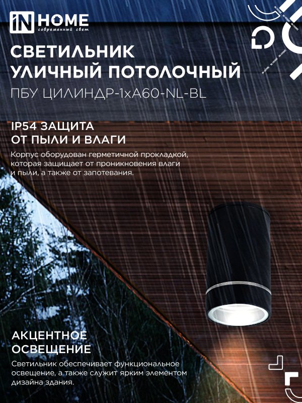 картинка Светильник уличный потолочный ПБУ ЦИЛИНДР-1xА60-NL-BL с подсветкой черный IP54 IN HOME