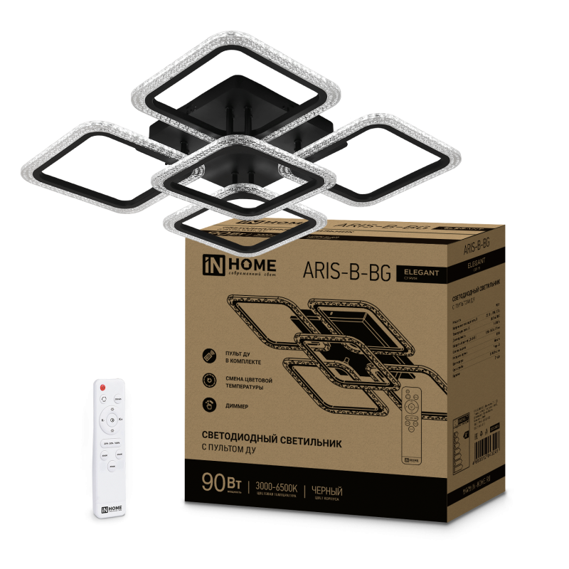картинка Светильник светодиодный ELEGANT ARIS-B-ВG 90Вт 230В 3000-6500K 7000Лм 557х557х115мм пульт ДУ черный IN HOME