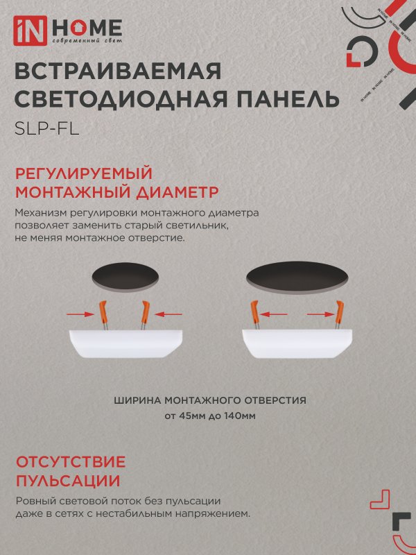 картинка Панель светодиодная встраиваемая безрамочная SLP-FL 24Вт 230В 4000К 2160Лм 172мм с регулируемым монтажом 45-140мм белая IP20 IN HOME