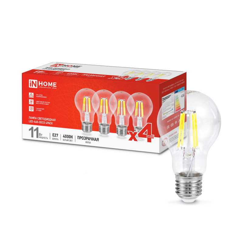 картинка Лампа светодиодная LED-A60-deco 4PACK 11Вт 230В Е27 4000К 1160Лм (4шт./упак) прозрачная IN HOME