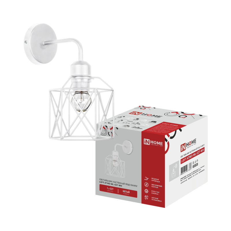 картинка Светильник настенный под лампу LOFT ATIKO-WL-E27-WH Е27 белый IN HOME