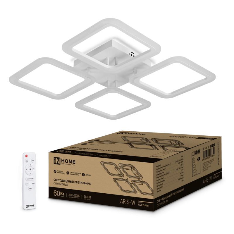 картинка Светильник светодиодный ELEGANT ARIS-W 60Вт 230В 3000-6500K 4700Лм 450х450х75мм c пультом ДУ белый IN HOME