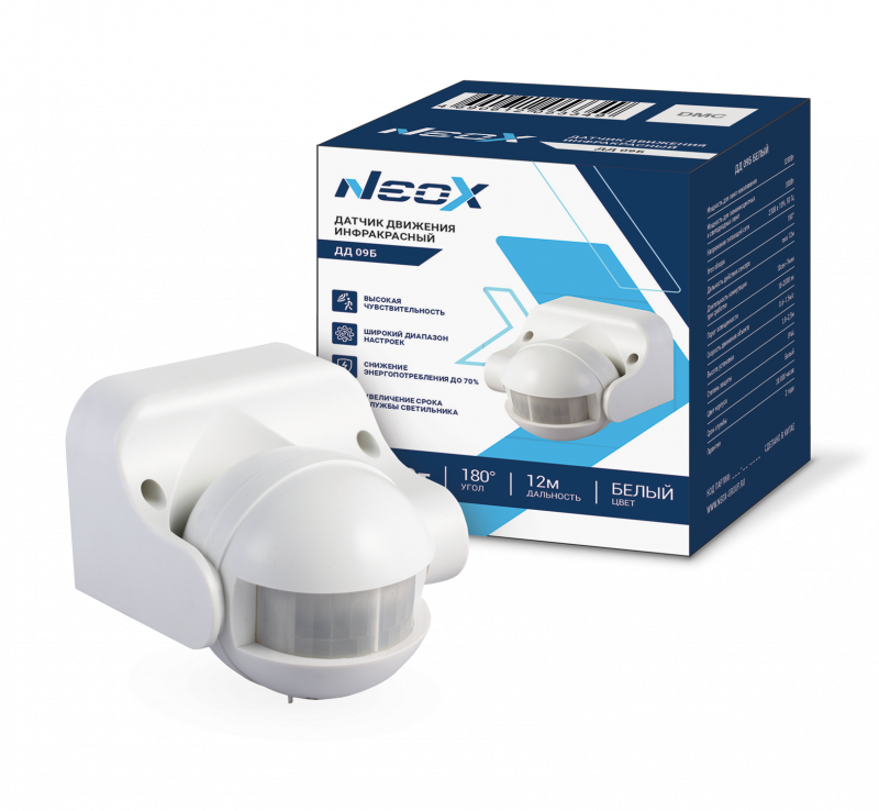 картинка Датчик движения инфракрасный ДД 09Б 1200Вт 180 гр.12м IP44 белый NEOX