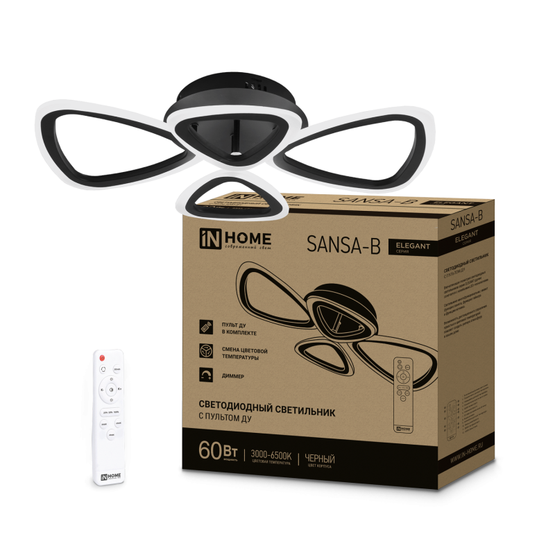 картинка Светильник светодиодный ELEGANT SANSA-B 60Вт 230В 3000-6500K 4700Лм 600х400х75мм c пультом ДУ черный IN HOME