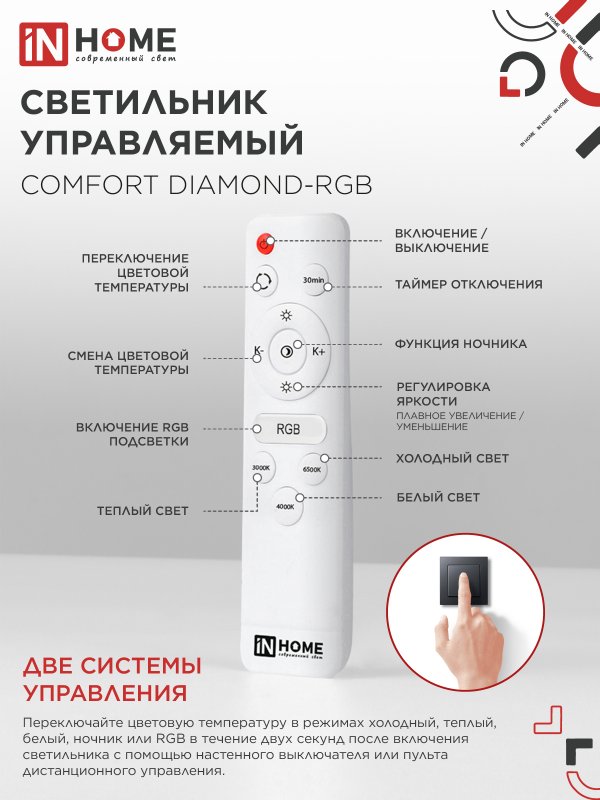 картинка Светильник светодиодный COMFORT DIAMOND-RGB 125Вт 230В 3000-6500K 10000Лм 500x105мм с пультом ДУ IN HOME