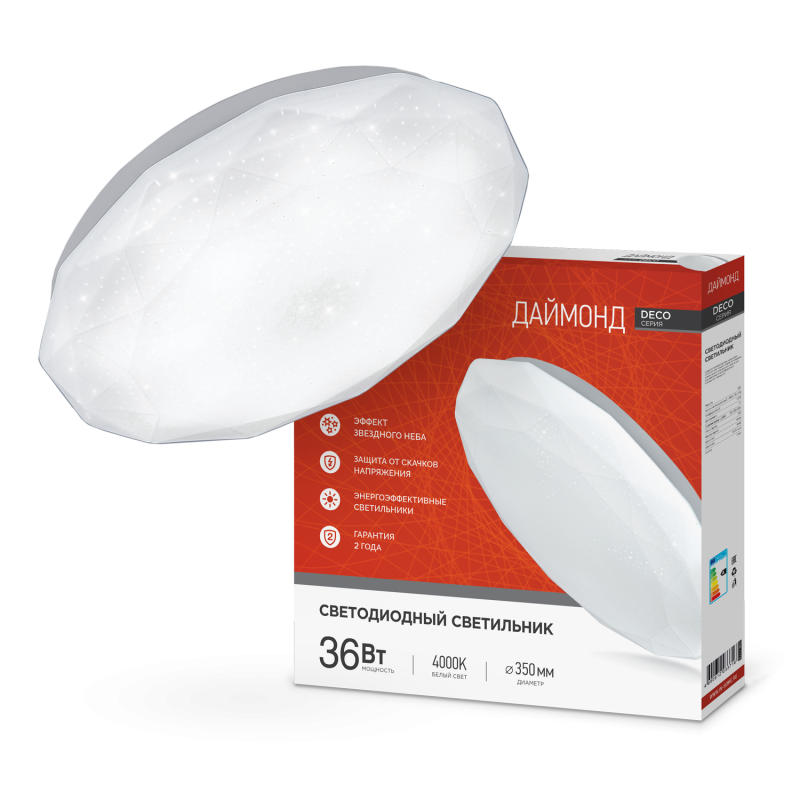 картинка Светильник светодиодный серии DECO ДАЙМОНД 36Вт 230В 4000К 3240Лм 380х55мм IN HOME
