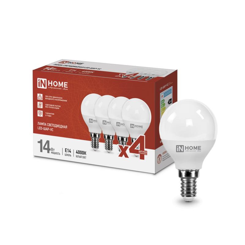 картинка Лампа светодиодная LED-ШАР-VC 4PACK 14Вт 230В Е14 4000К 1330Лм (4шт./упак) IN HOME