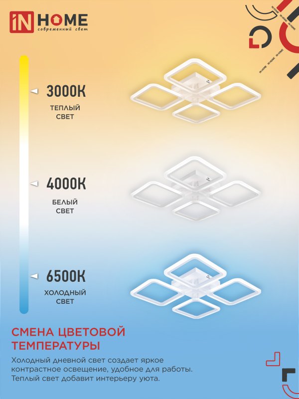 картинка Светильник светодиодный ELEGANT ARIS-W 60Вт 230В 3000-6500K 4700Лм 450х450х75мм c пультом ДУ белый IN HOME