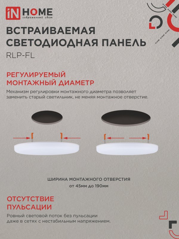 картинка Панель светодиодная встраиваемая безрамочная RLP-FL 36Вт 230В 6500К 3240Лм 223мм с регулируемым монтажом 45-190мм белая IP20 IN HOME
