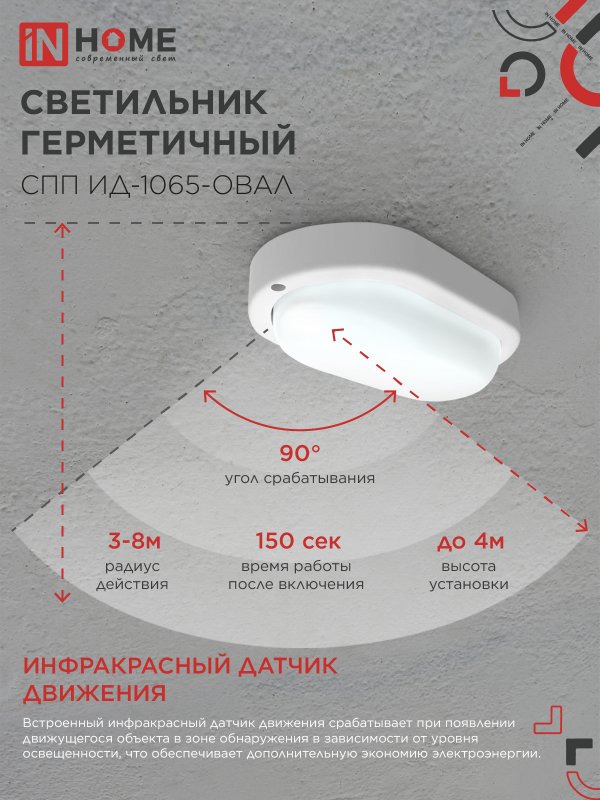 картинка Светильник светодиодный герметичный СПП ИД-1065-ОВАЛ 10Вт 6500К 900Лм с инфракрасным датчиком IP65 160х88мм IN HOME