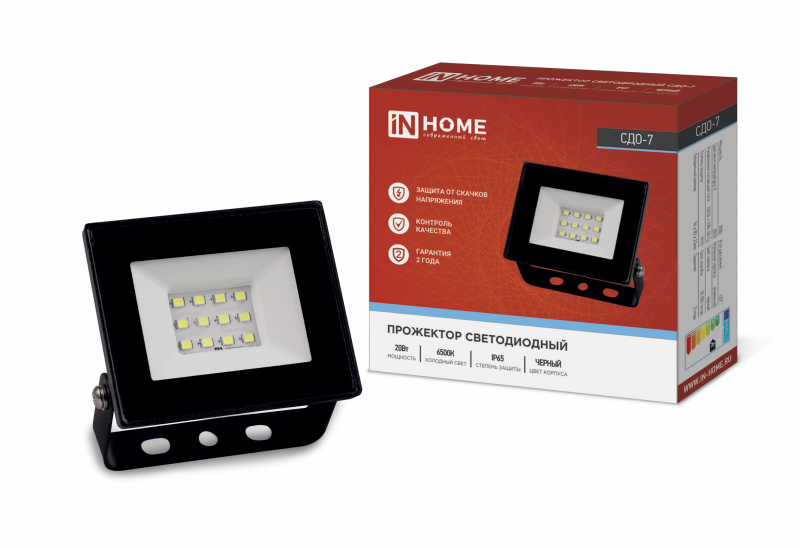 картинка Прожектор светодиодный СДО-7 20Вт 230В 6500К IP65 черный IN HOME