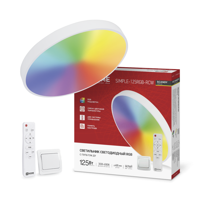 картинка Светильник светодиодный SCANDY SIMPLE-125RGB-RCW 125Вт 230В 3000-6500K 10000Лм 400x50мм пульт ДУ белый IN HOME
