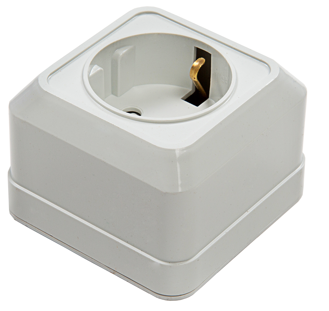 картинка Розетка одинарная с заземлением со шторкой BOLLETO белая накладная 7028х IN HOME