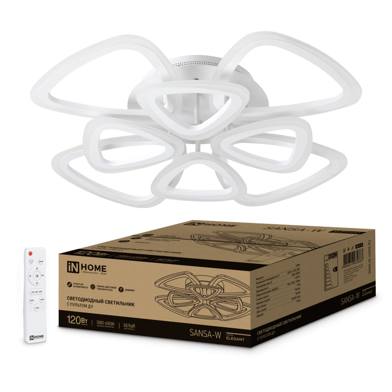 картинка Светильник светодиодный ELEGANT SANSA-W 120Вт 230В 3000-6500K 650х650х130мм c пультом ДУ белый IN HOME