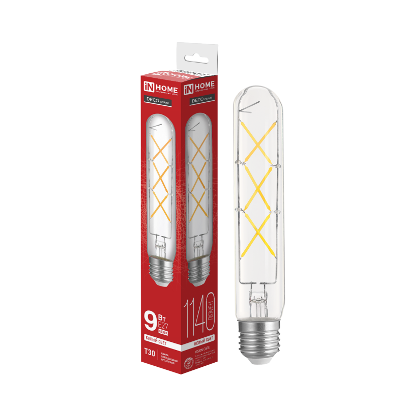 картинка Лампа светодиодная LED-T30-deco 9Вт 230В Е27 4000К 1140Лм 225мм прозрачная IN HOME