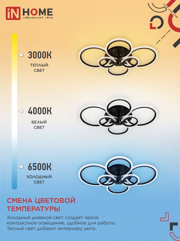 картинка Светильник светодиодный ELEGANT BLISS-B-BG 120Вт 230В 3000-6500K 8400Лм 780х550х130мм пульт ДУ черный IN HOME