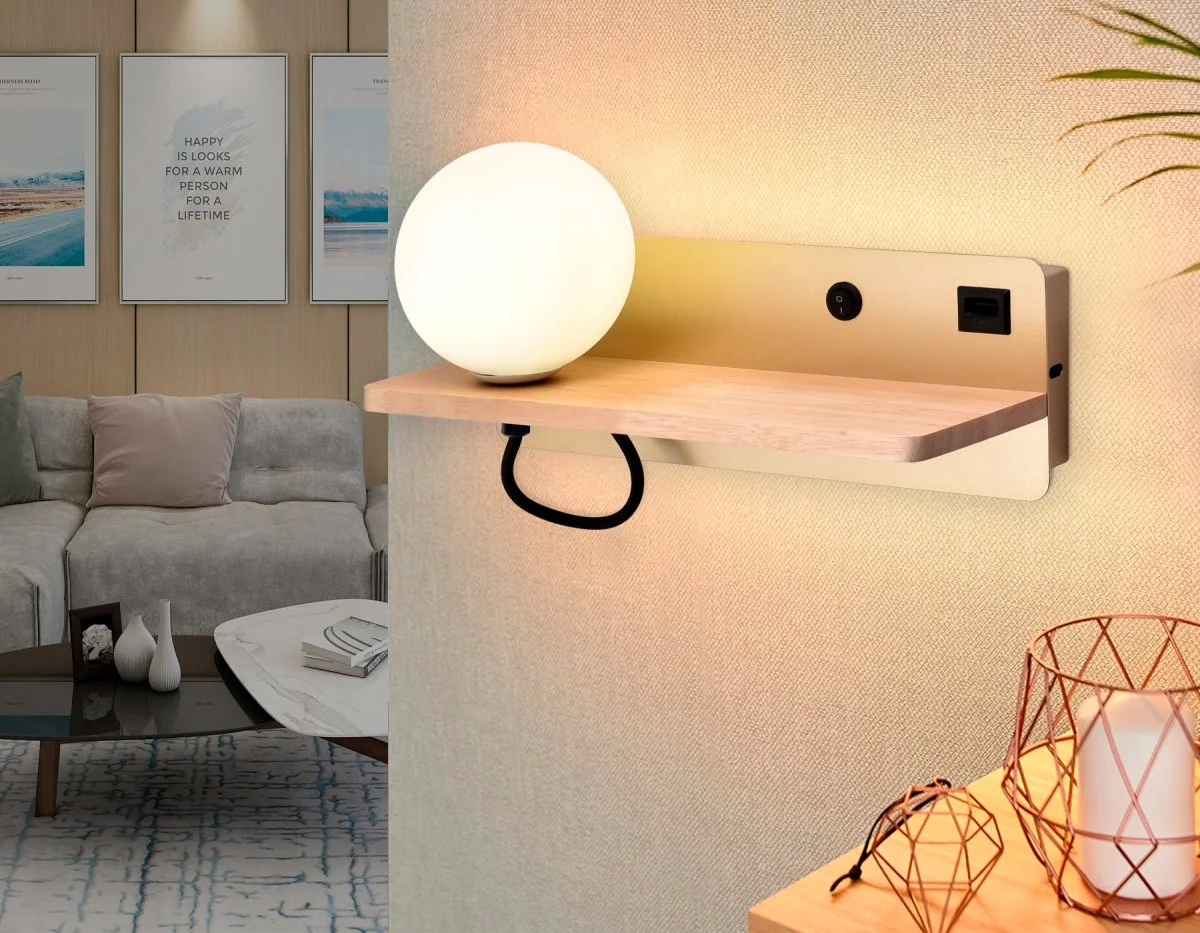 картинка Настенный светильник с выключателем, USB портом и полкой FW520