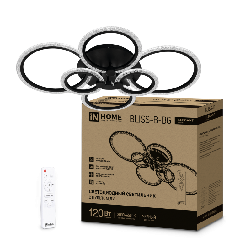 картинка Светильник светодиодный ELEGANT BLISS-B-BG 120Вт 230В 3000-6500K 8400Лм 780х550х130мм пульт ДУ черный IN HOME