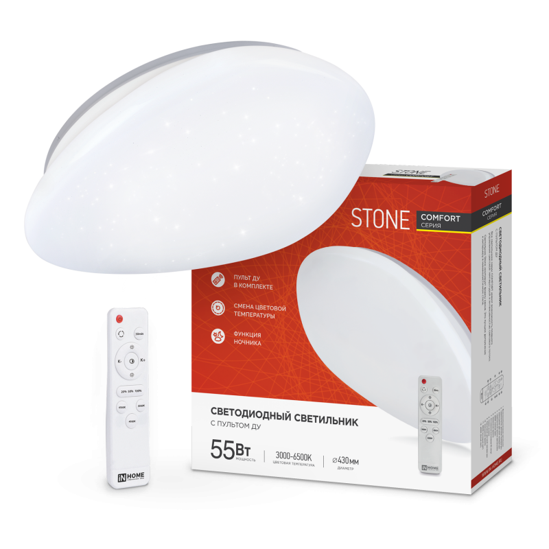 картинка Светильник светодиодный COMFORT STONE 55Вт 230В 3000-6500K 4400Лм 430x100 с пультом ДУ IN HOME
