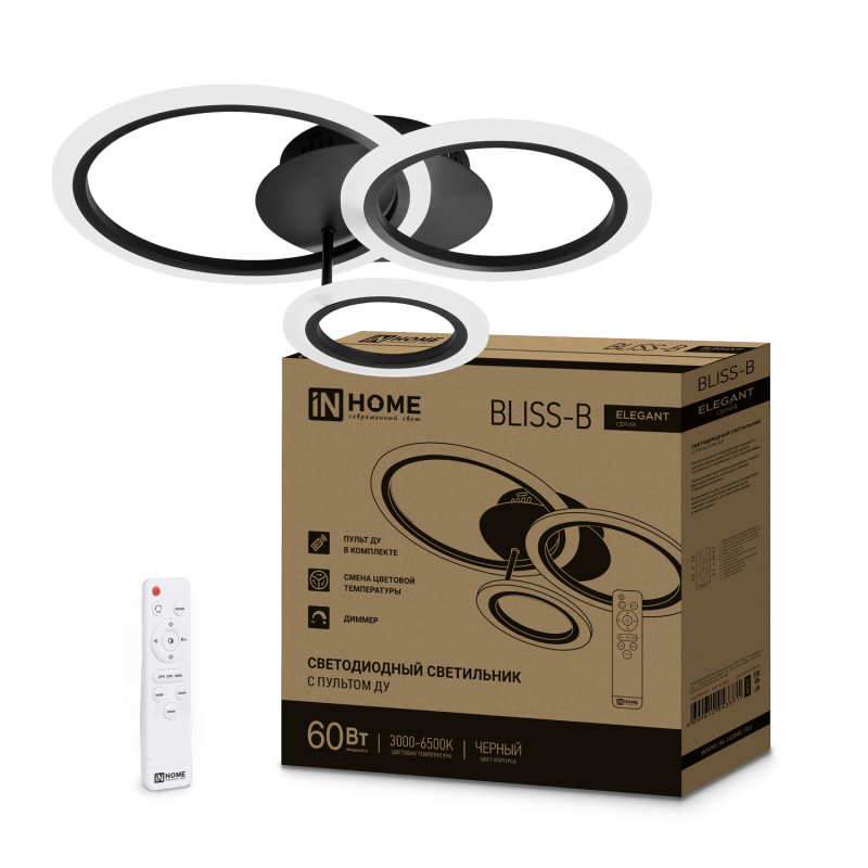 картинка Светильник светодиодный ELEGANT BLISS-B 60Вт 230В 3000-6500K 4700Лм 508х390х120мм c пультом ДУ черный IN HOME
