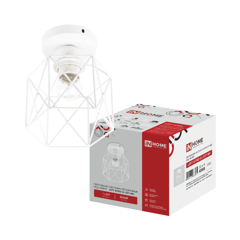 картинка Светильник настенно-потолочный под лампу LOFT ATIKO-CL-E27-WH Е27 белый IN HOME