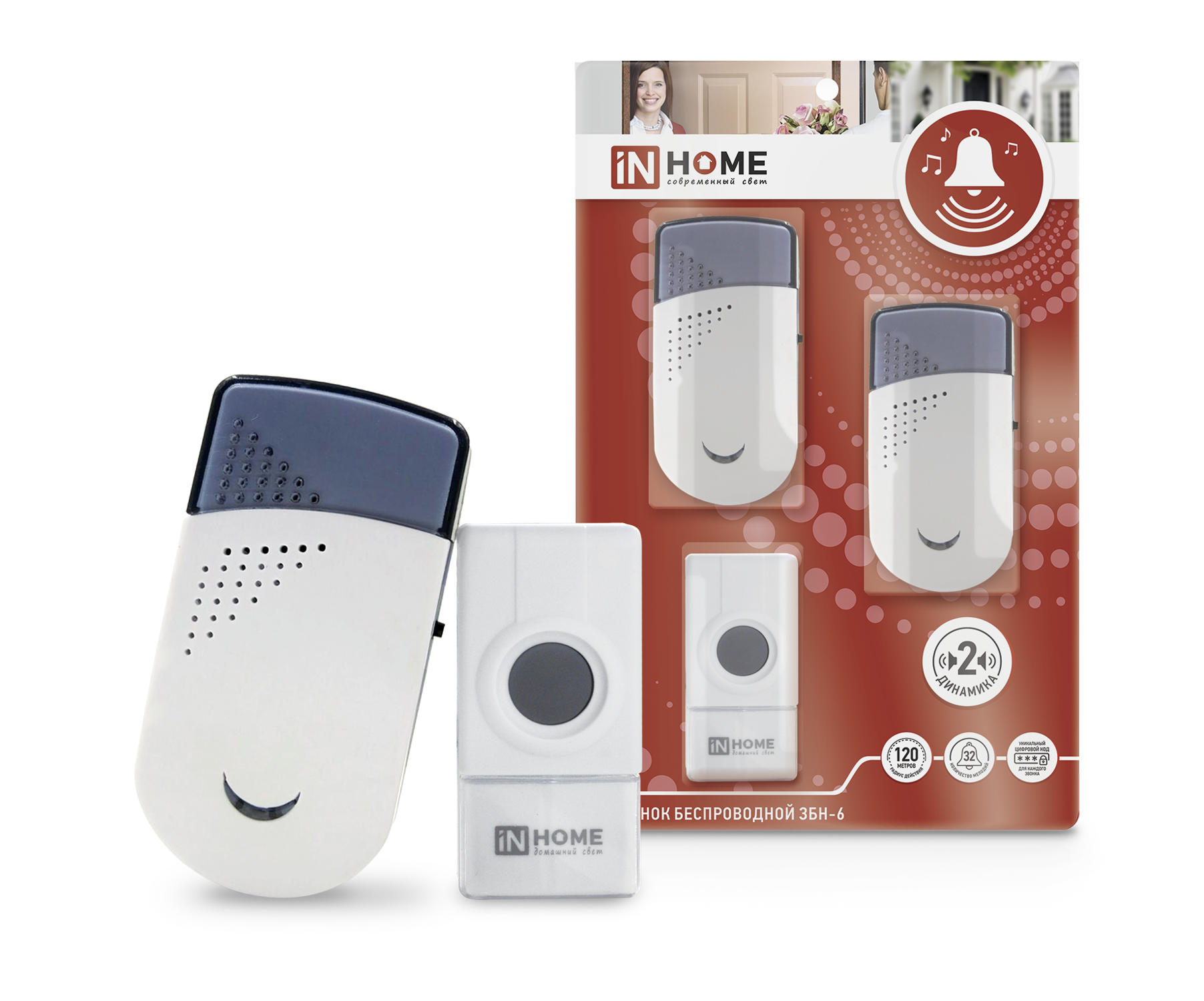 картинка Звонок беспроводной ЗБН-6 с двумя динамиками 32 мелодии 120м с кнопкой IP44 бело-серый IN HOME