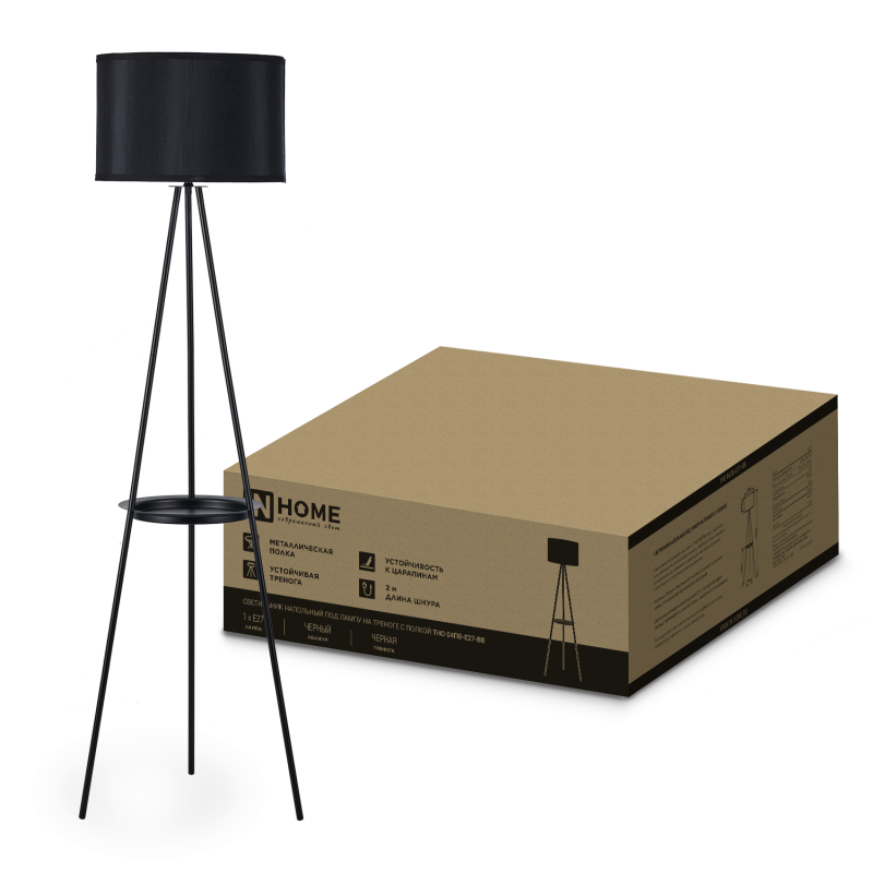 картинка Светильник напольный под лампу ТНО 04ПВ-Е27-BB 230В полка, черный абажур, черная тренога IN HOME