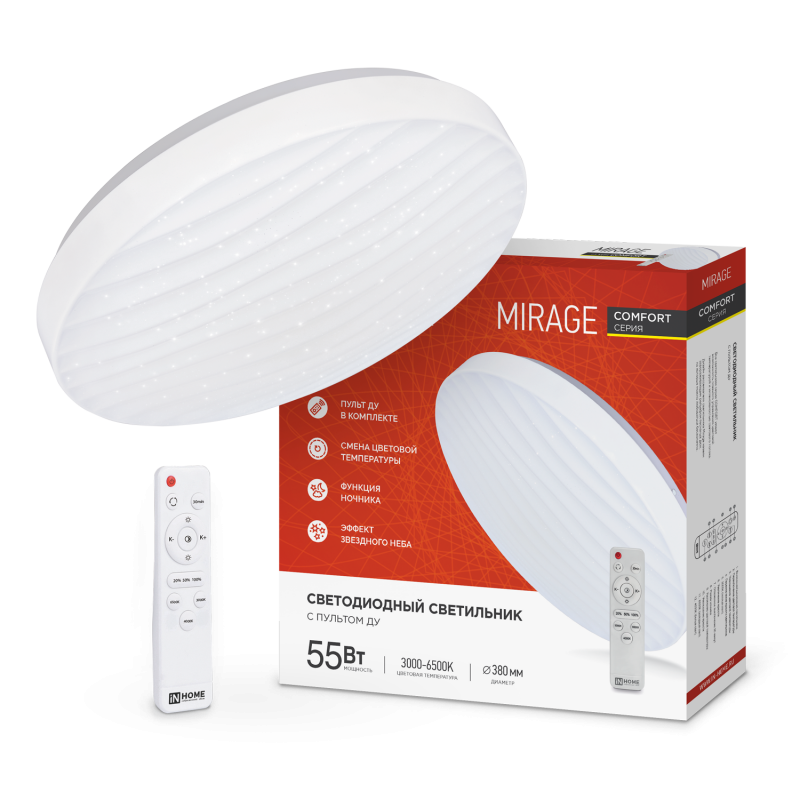 картинка Светильник светодиодный COMFORT MIRAGE 55Вт 230В 3000-6500K 4400Лм 400x70мм с пультом ДУ IN HOME