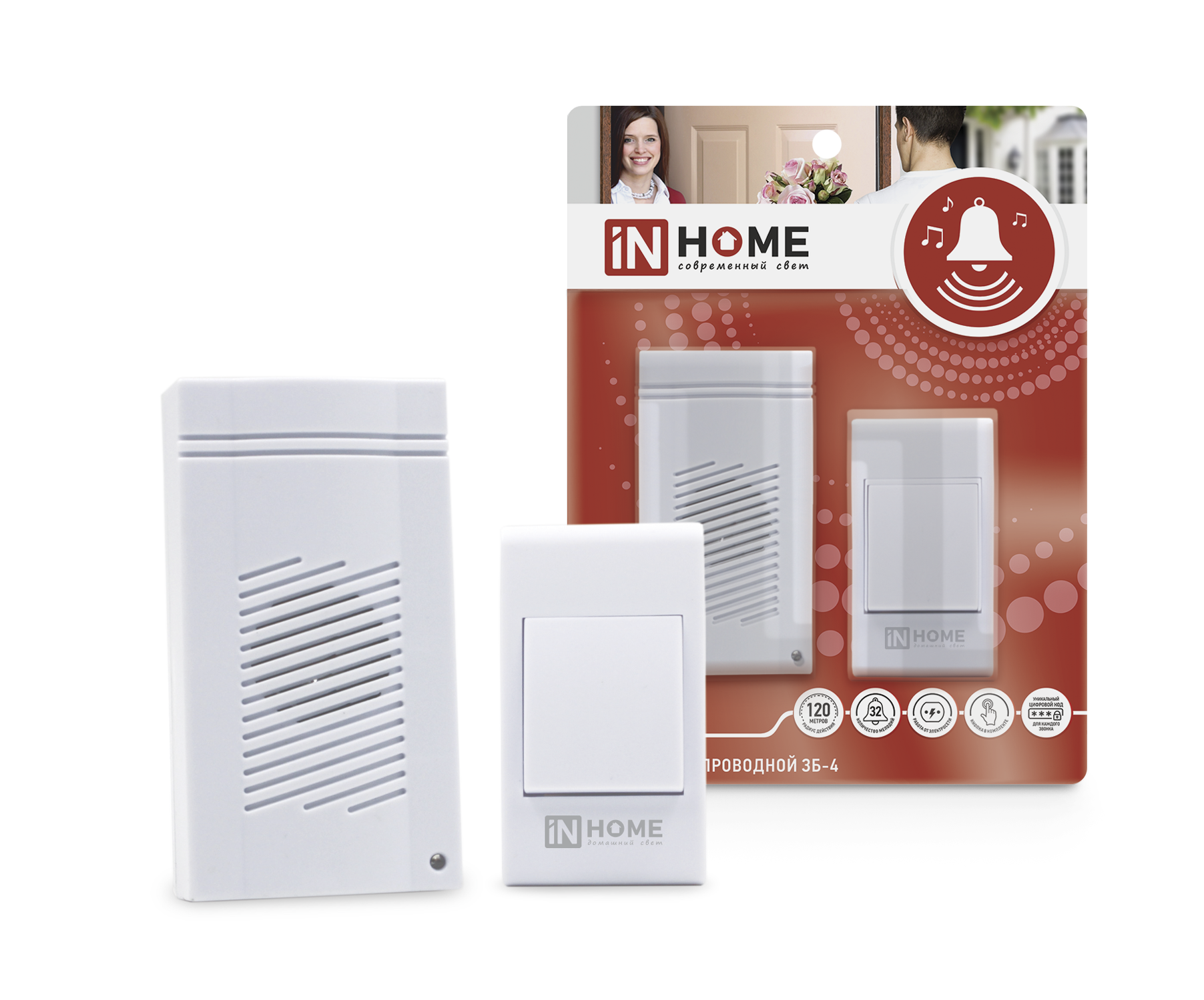 картинка Звонок беспроводной ЗБ-4 32 мелодии 120м сетевой с кнопкой белый IN HOME