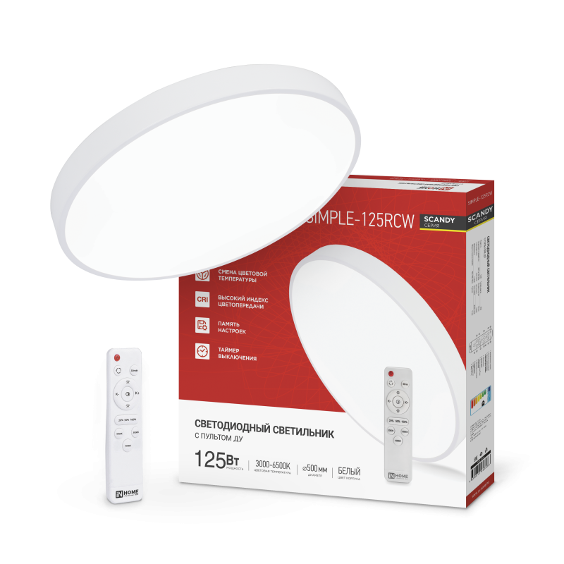 картинка Светильник светодиодный SCANDY SIMPLE-125RCW 125Вт 230В 3000-6500K 10000Лм 500x50мм с пультом ДУ белый IN HOME