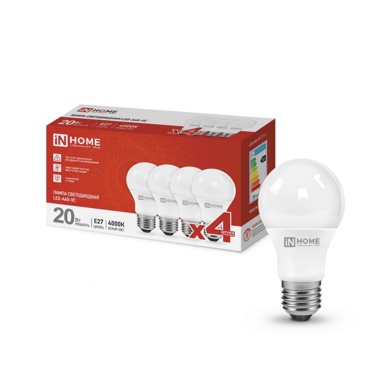 картинка Лампа светодиодная LED-A60-VC 4PACK 20Вт 230В Е27 4000К 1900Лм (4шт./упак) IN HOME